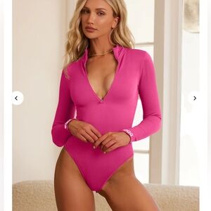 OQQ Ribbed Zip Front Long Sleeve Bodysuit